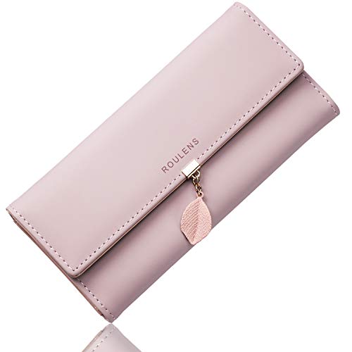 Roulens Wallet for Women RFID Blocking PU Leather Leaf Pendant Card Holder Phone Checkbook Organizer Zipper Coin Purse