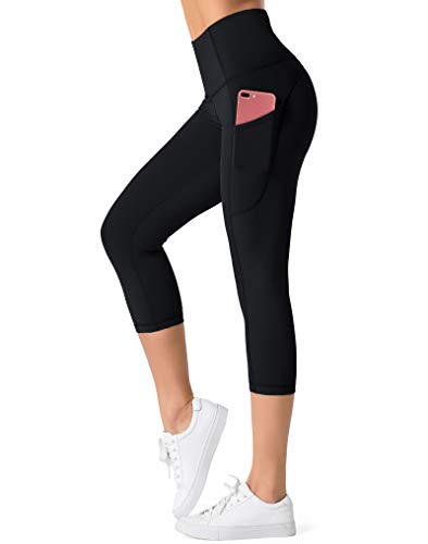 Dragon Fit High Waist Yoga Capris with 3 Pockets,Tummy Control Workout Running 4 Way Stretch Yoga Pants Dark Black