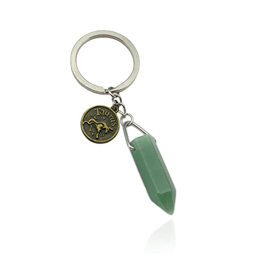 ZUOPIPI Zodiac Crystal Stone Keychain Natural Rose Stone/Red Agate/Aventurine Healing Crystal Keychain (Taurus)
