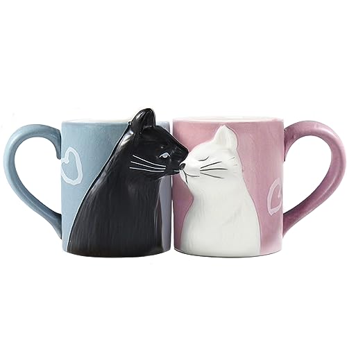 BigNoseDeer Valentines Day Gifts Cute Kissing Cat Mug Matching Couples Stuff Ceramic Coffee Mug Set Couple Gifts for Wedding Anniversary Engagement Gifts for Cat Lovers 12oz