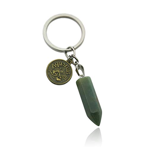ZUOPIPI Zodiac Crystal Stone Keychain Natural Rose Stone/Red Agate/Aventurine Healing Crystal Keychain (Aquarius)