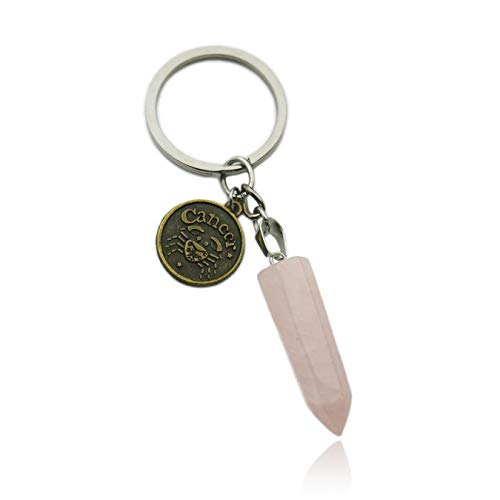 ZUOPIPI Zodiac Crystal Stone Keychain Natural Rose Stone/Red Agate/Aventurine Healing Crystal Keychain (Cancer)