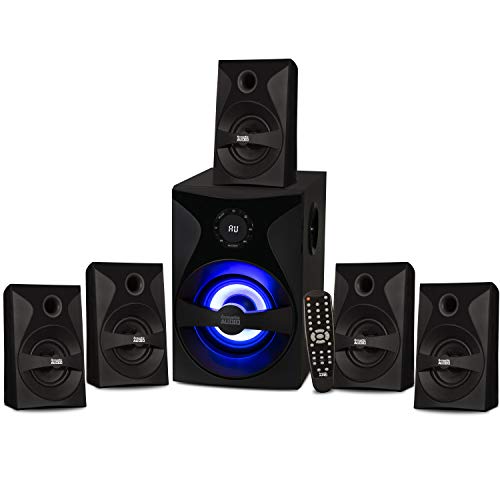 Goldwood Bluetooth 5.1 Surround Sound Home Theater Speaker System with LED Display, FM Tuner, USB/SD Inputs - 6-Piece Set with Remote Control, Black