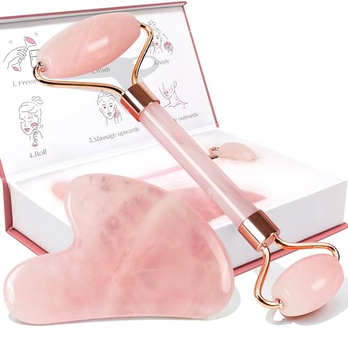 BAIMEI Jade Roller & Gua Sha, Face Roller Redness Reducing Skin Care Tools, Self Care Pink Gift for Men Women, Massager for Face, Eyes, Neck, Relieve Fine Lines and Wrinkles - Rose Quartz