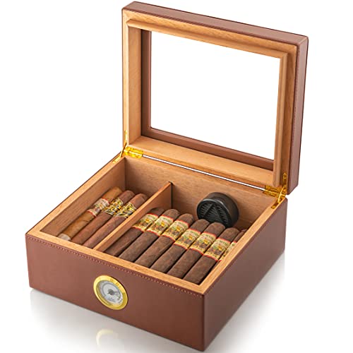 𝗕𝗘𝗦𝗧 𝗚𝗜𝗙𝗧: GlassTop Handcrafted Cigar Humidor (25-50 Cigars) - Cigar Gifts for Men, Fathers Day - Cigar Accessories - Cherry Wood Humidor Cigar Box for Cigars (Most Value: Leather Set)