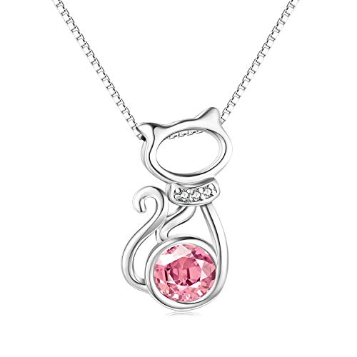 AOBOCO Sterling Silver Cat Necklace with Pink Austrian Crystal, Kitty Pendant October Birthstone Jewelry Gifts for Her, Cat Lovers, Girlfriend, Daughter