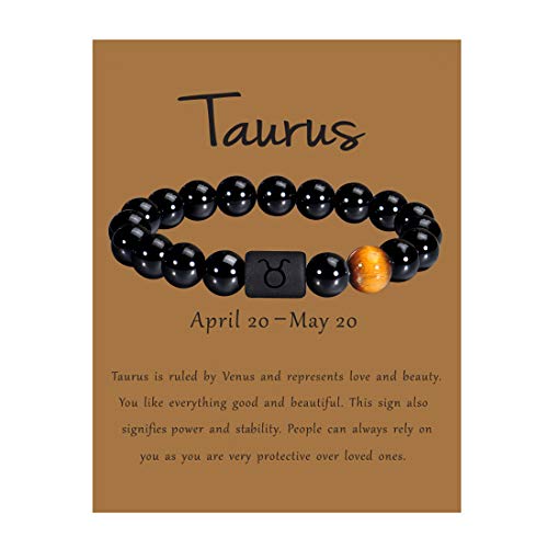 VLINRAS Zodiac Taurus Bracelet for Men Women Taurus Gifts Natural Black Onyx Stone Zodiac Charm Bracelet Constellation Horoscope Jewelry