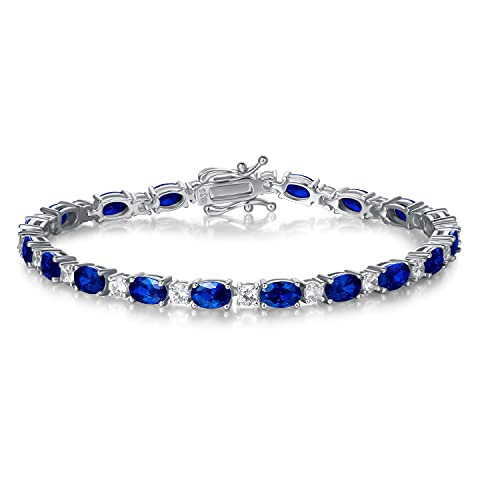 FANCIME September Birthstone Bracelet Sterling Silver Created Sapphire Tennis Bracelet Cubic Zirconia Oval Gemstone Dainty Fine Jewelry for Women 7"