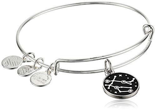 Alex and Ani Zodiac Expandable Bangle for Women, Gemini Charm, Black Epoxy and Crystals, Shiny Silver Finish, 2 to 3.5 in