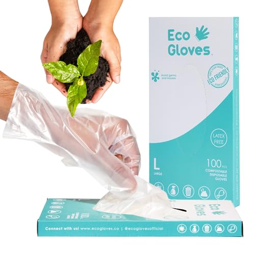 Eco Gloves Plant-Based Compostable Gloves Eco-friendly Latex Free, Powder Free, BPA Free for Food, Safety, Cleaning, Pet Care | Pack of 100 | Clear (Large)