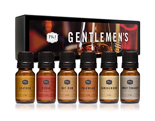 P&J Fragrance Oil Gentlemen's Set | Leather, Sweet Tobacco, Teakwood, Bay Rum, Cedar, Sandalwood Candle Scents for Candle Making, Freshie Scents, Soap Making Supplies, Diffuser Oil Scents