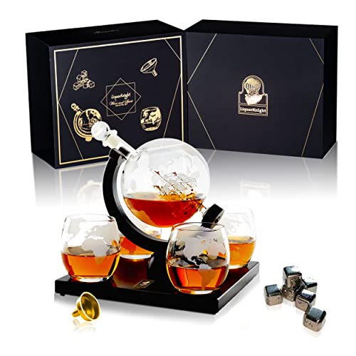 LiquorKnight Globe Whiskey Decanter Set/Hand-Blown Lead-Free Glass/Wooden Stand/Liquor Dispenser Bar Set with 4 Glass/Whiskey Stones & Funnel/Antique Glass Ship/Home Bar Accessory