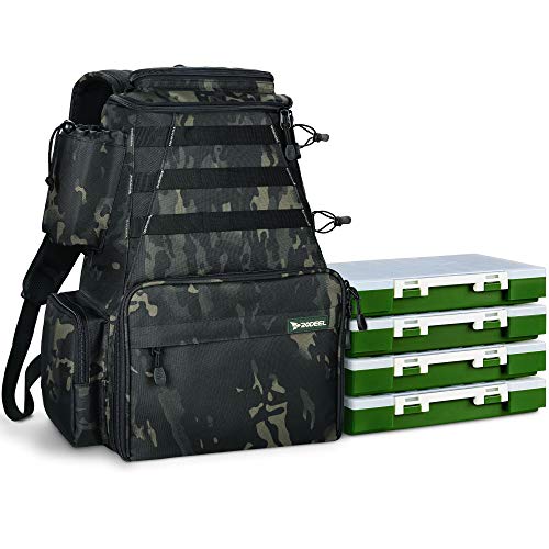 Rodeel Trout Tackle Backpack 2 Fishing Rod Holders with 4 Tackle Boxes, Large Storage for Outdoor Sports Camping Hiking