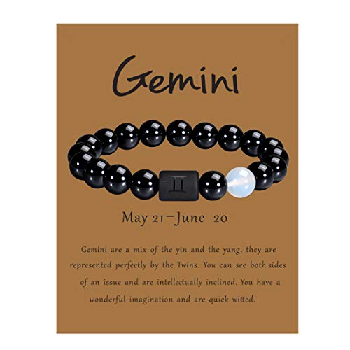 VLINRAS Zodiac Gemini Bracelet for Men Father's Day Gemini Gifts Natural Black Onyx Stone Zodiac Charm Bracelet Constellation Horoscope Jewelry