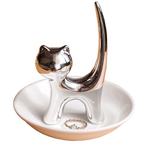 PUDDING CABIN Long Tail Cat Ring Holder Dish, Cat Lover Gifts for Women, Funny Cat Mom Gifts, Christmas Mother's Day Birthday Wedding Engagement Valentine's Day Cat Gifts for Women Wife Girls Friends
