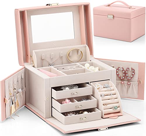 Vlando Jewelry Box Organizer for Girls Women, Large Baroque Jewelry Holder Organizer with Mirror, 3 Drawers for Bracelets, Earrings, Rings, Necklaces, Mothers Day for Loved One, Pink