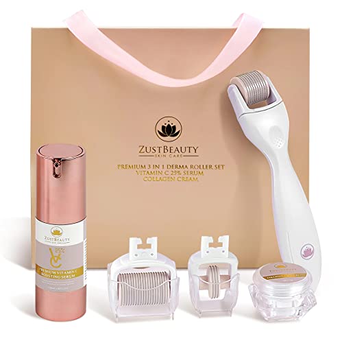 ZustBeauty – All in 1 Derma Roller Kit – 3-in-1 Derma Roller for Eyes, Face and Body – Vitamin C Serum – Soothing Cream