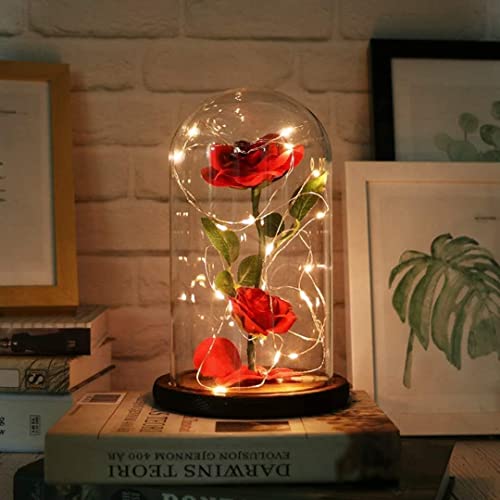 URBANSEASONS Beauty and The Beast Rose Flowers,Womens Gifts for Christmas, Anniversary Rose Gift Decorations Artificial Flower Gift Romantic Red Silk Rose, Flower in Glass Dome