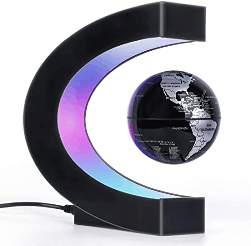 Magnetic Levitation Floating Globe with LED Lights 3 inch Map Globe with C Shape Base for Educational Home Office Desk Bookshelf Decor, Cool Tech Gift for Business Men Father Boys(Black)