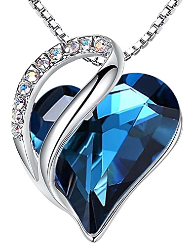 Leafael Womens Brass Necklaces, Infinity Love Heart Pendant Birthstone Crystal Jewelry Gifts for Wife, Silver Plated 18 + 2 inch Chain, 09a-September-Bermuda Sapphire Blue