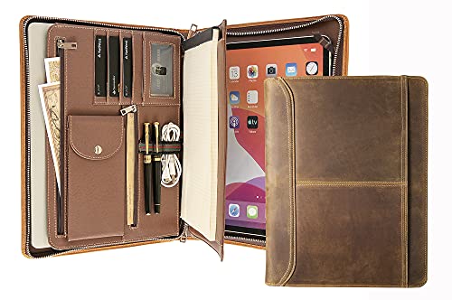 AZXCG Leather Portfolio Organizer, Resume Zippered Padfolio Folder for A4 Letter Size Notepad, Tablet Carrying Case for iPad Pro 12.9 (2018&2020&2021), Gifts for Women/Men