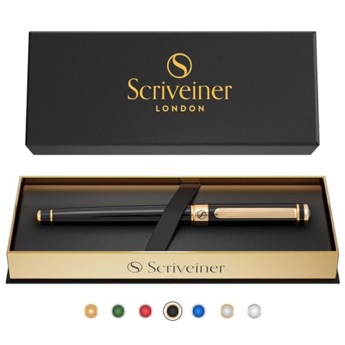 Scriveiner Black Lacquer Rollerball Pen - Stunning Luxury with 24K Gold Finish, Schmidt Ink Refill, Best Roller Ball Gift Set for Men & Women, Professional, Executive Office, Nice Pens