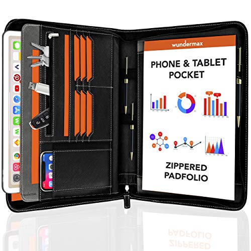 Wundermax Vegan PU Leather Padfolio - Business Notebook Organizer w/Zipper for Resume, Work & Notes - Padfolio for Men & Women w/Notepad and 10" iPad/Tablet Pocket, Black