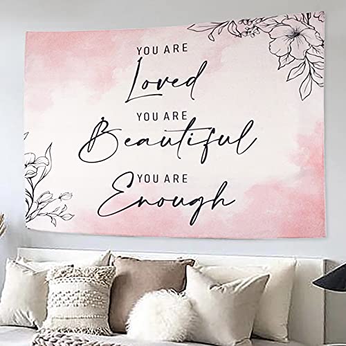 Love Tapestry for Bedroom Teen Girl Wall Decor (59X51) Floral Tapestry with Words Quote You are Tapestry Pink Room Decor for Women Positive Affirmations Wall Decor Aesthetic Inspirational Tapestry