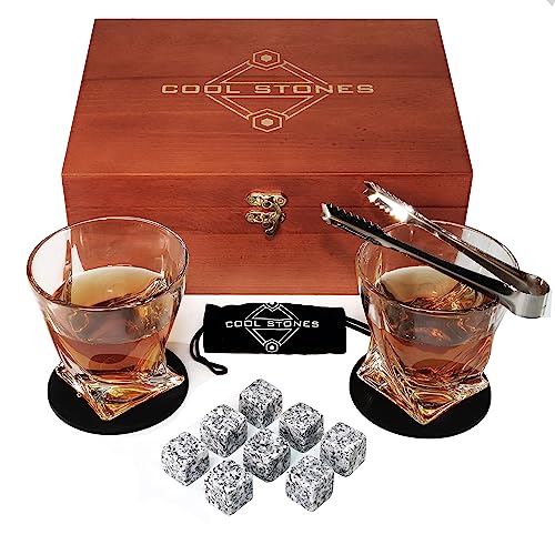 Cool Stones Whiskey Glass Gift Set - 2 Whiskey Glasses and Whiskey Stones with Tongs in Velvet Bag All Presented in an Elegant Wooden Box for Men (Classic-Wood-White-Rocks)