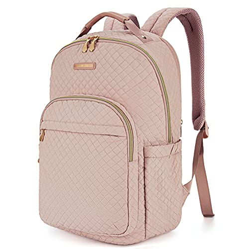 LIGHT FLIGHT Travel Laptop Backpack Women, 15.6 Inch Anti Theft with USB Charging Hole Water Resistant Casual Daypack College Bookbags Computer Backpack for Work, Quilted Pink