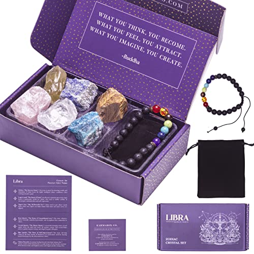 KARMABOX Libra Crystal Healing Gift Set - Libra Gifts for Women - Zodiac Crystals and Healing Stones - Libra Birthday Gifts - Astrology Gifts for Women, Horoscope Gifts