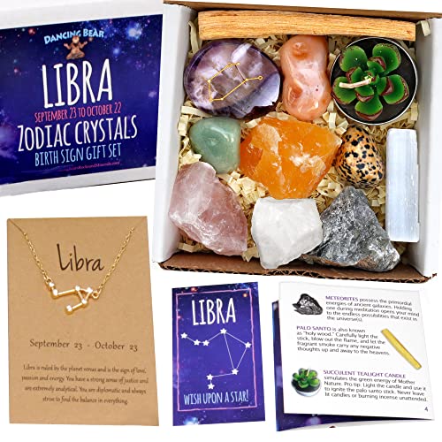 DANCING BEAR Libra Zodiac Healing Crystals Gift Set (14 Pc): 9 Stones, 18K Gold-Plated Constellation Necklace, Meteorite, Succulent Candle, Palo Santo Smudge Stick, and Info Guide, Made in The USA