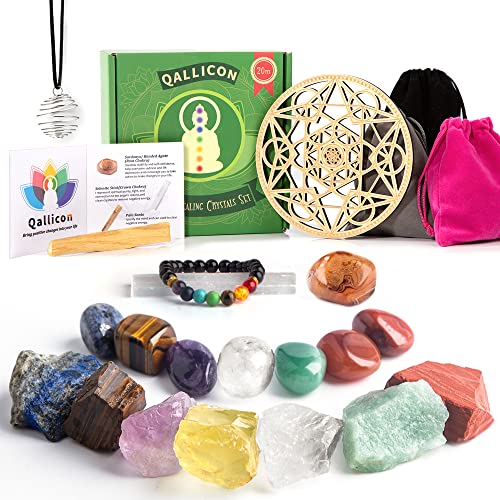Real Healing Crystals Set, Qallicon 20PCS Chakra Crystals Kit Include 7 Raw & Tumbled Chakra Stones, Lava Bracelet, Selenite, Cage Necklace, Palo Santo, Reiki Crystal Grid for Positive Energy