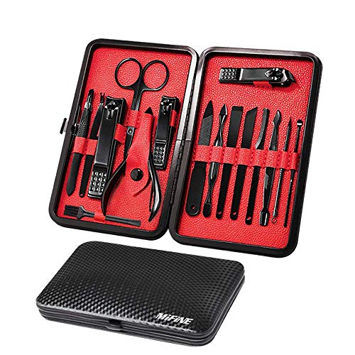 Manicure Set Pedicure Set Nail Clippers – Mifine 16 in 1 Stainless Steel Professional Pedicure Kit Nail Scissors Grooming kit with Black Leather Case