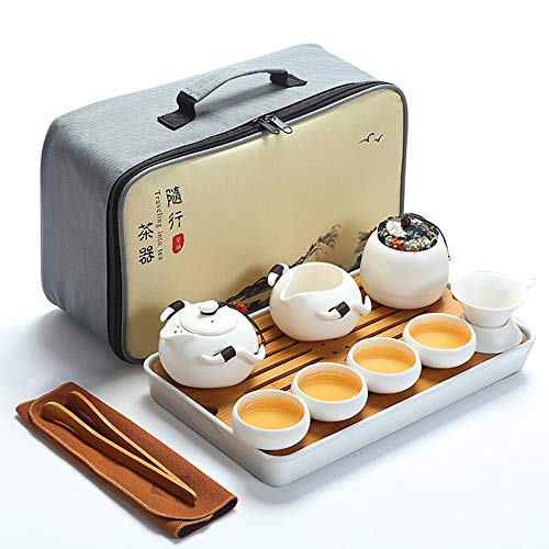fanquare Portable Travel Tea Set,Handmade Kungfu Tea Set,Porcelain Teapot,Teacups,Bamboo Tea Tray with a Portable Travel Bag,White