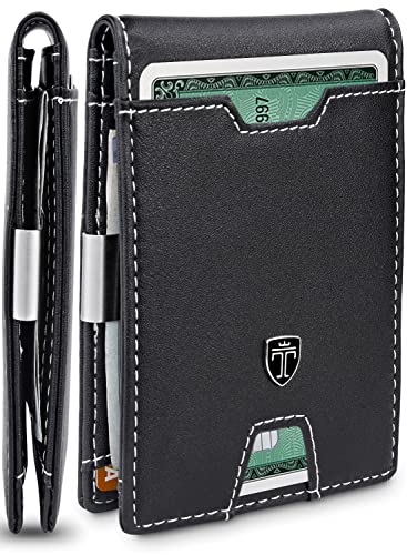 TRAVANDO Mens Slim Wallet with Money Clip AUSTIN RFID Blocking Bifold Credit Card Holder for Men with Gift Box (Black & White)