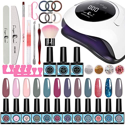 FINGER QUEEN Gel Nail Polish Kit with UV Light 120W LED Nail Lamp,12 Colors Nude Pink Glitter Gel Nail Polish,No Wipe Base Top Coat,Nail Art Decorations,All In One Gel Manicure kit