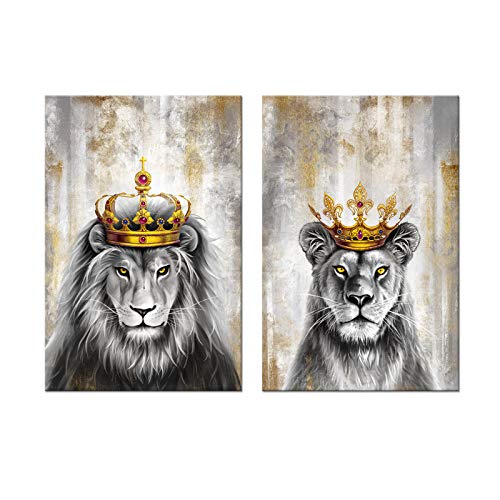 Zlove 2 Pieces Animal King Wall Art Lion and Lioness with Crown Grey and Gold Romantic Couple Artwork for Bedroom Modern Home Decoration Stretched and Framed Ready to Hang 16x24inchx2pcs
