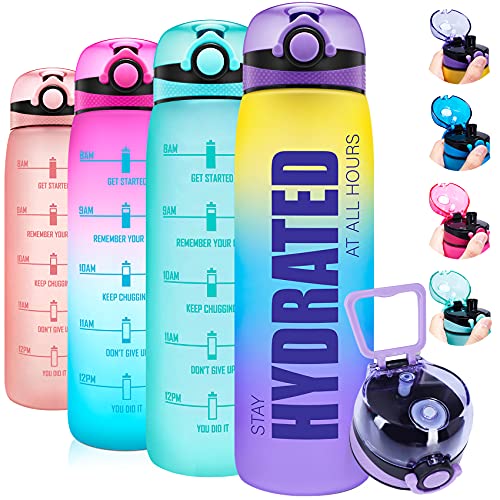 Elvira 32oz Motivational Water Bottle with Removable Fruit Infuser & Time Marker, Leakproof BPA Free Wide Mouth - Ombre Yellow Purple