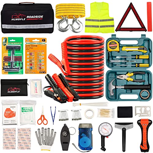 HLWDFLZ Car Roadside Emergency Kit,with13FT Jumper Cables,Winter Traveler Safety Emergency Kit with Blanket Shovel Triangle First Aid Kit for SUV RV