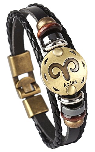 Hamoery Punk Alloy Leather Bracelet For Men Constellation Braided Rope Bracelet Bangle Wristband(Aries)