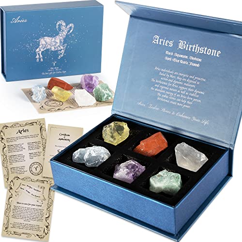 Faivykyd Aries Crystals Birthday Gift, Zodiac Sign Stones, Natural Healing Crystals with Horoscope Box, Spiritual Gifts for Daughter Sisters Friends