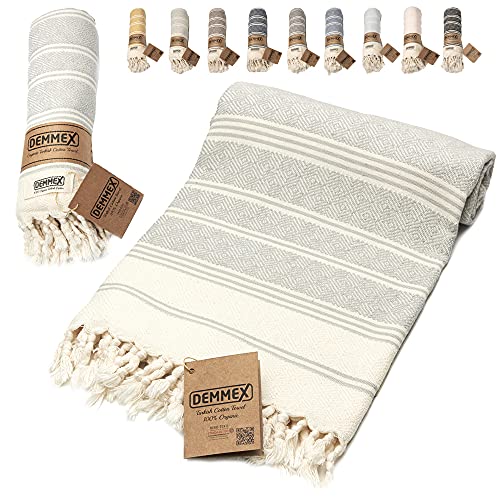 DEMMEX Certified 100% Organic Turkish Cotton Beach and Bath Towel, Peshtemal Blanket, Oversized Quick Dry Sand Free, Light Compact Travel Towel for Adults, Prewashed, 71x36 Inches, 14 Oz (Gray)