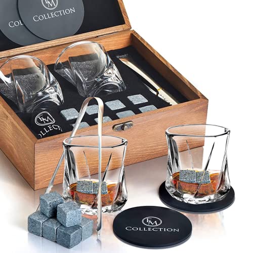EMCOLLECTION Whiskey Glass Gifts for Men, 5oz, Bourbon Glasses Old Fashioned | 8 Wiskey Chilling Stone | Coasters, Forceps | Ideal for Cocktails, Scotch and Liquor's Lovers (Set of 2 Glass)