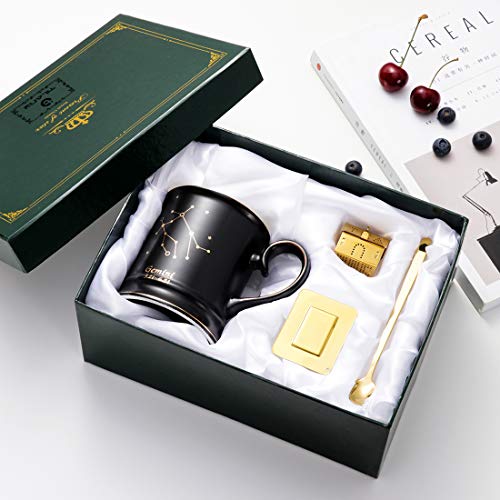 TILANY Ceramic Coffee Mug With Constellation Design - Black Tea Mugs With Golden Spoon & Tea Infuser - Large Porcelain Cups - Coffee Pottery Cup With Zodiac Sign - 13.5oz Cup Gift Set (Gemini)