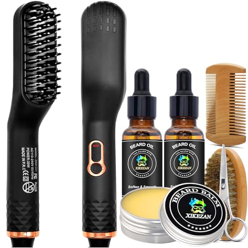 XIKEZAN Beard Straightener w/Beard Balm & Beard Growth Oil & Beard Guide E-Book,UPGRADED 3 in 1 Hair Straightener Brush Beard Straightening Comb,Unique Stocking Stuffers Gifts for Men Women Him