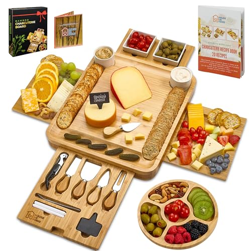 Large Charcuterie Board Set - Bonus Recipe Book - 2 Ceramic Bowls & Plates, 4 Magnetic Drawers Bamboo Cheese Knife Set, Round Tray - Christmas & Housewarming Gifts