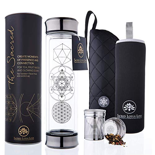 Sacred Lotus Love Double-Walled Glass Tea Infuser Bottle - Portable Travel Mug with Strainer and Sleeve for Loose Leaf Tea, Coffee, Smoothies - Insulated Tumbler with Lid for Hot and Iced Beverages