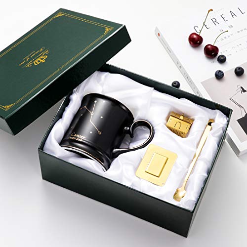 TILANY Ceramic Coffee Mug With Constellation Design - Black Tea Mugs With Golden Spoon & Tea Infuser- Large Porcelain Cups - Coffee Pottery Cup With Zodiac Sign - 13.5 oz Cup Gift Set (Cancer)