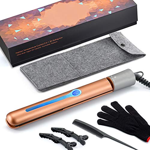 NITION Pro Hair Straightener 1 inch Argan Oil Ceramic Tourmaline Titanium Heating Plate for Healthy Styling,2-in-1 Digital LCD 265-450°F Straightening Flat Iron & Curling Iron for All Hair Type,Gold